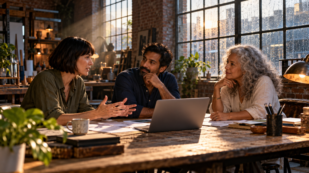 Three small-business owners collaborating around a laptop in a sunlit studio